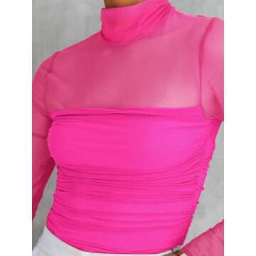 REORIA Women’s Fall Sexy Mock Turtle Neck Long Sleeve Sheer Mesh Slim Fit Ruched Trendy Going Out Leotard Bodysuits Tops Neon Rose Red Small