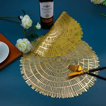Snowkingdom Gold Round Placemats Set of 6 Metallic Pressed Vinyl Dining Table Mats Farmhouse Kitchen...