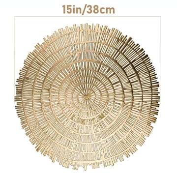 Snowkingdom Gold Round Placemats Set of 6 Metallic Pressed Vinyl Dining Table Mats Farmhouse Kitchen Hollow Out Wood Pattern 15inch Table Setting Spring Fall Decoration Gold Centerpiece
