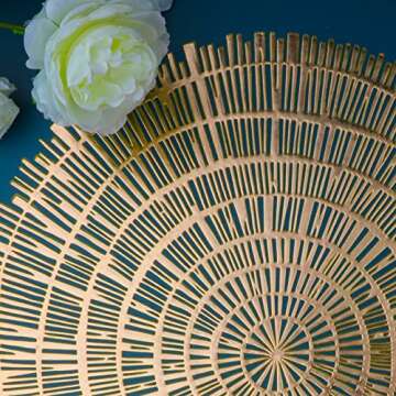 Snowkingdom Gold Round Placemats Set of 6 Metallic Pressed Vinyl Dining Table Mats Farmhouse Kitchen Hollow Out Wood Pattern 15inch Table Setting Spring Fall Decoration Gold Centerpiece