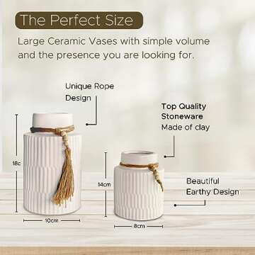 White Large Ceramic Vase Set of 2, Modern Farmhouse Home Decor Accents, Rustic Décor and Accessories for Living Room, Dining Table and Mantle, Coffee Table Centerpiece Decorations, Trendy Boho Vases