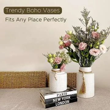 White Large Ceramic Vase Set of 2, Modern Farmhouse Home Decor Accents, Rustic Décor and Accessories for Living Room, Dining Table and Mantle, Coffee Table Centerpiece Decorations, Trendy Boho Vases