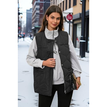 ECOWISH Women Puffer Vest Sleeveless Jacket Fall Button Zip Up Winter Coat Quilted Padded Warm Gilet Outerwear with Pockets Black M