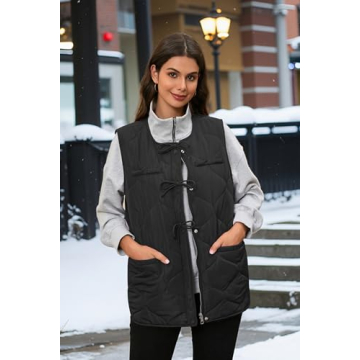 ECOWISH Women Puffer Vest Sleeveless Jacket Fall Button Zip Up Winter Coat Quilted Padded Warm Gilet Outerwear with Pockets Black M
