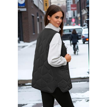 ECOWISH Women Puffer Vest Sleeveless Jacket Fall Button Zip Up Winter Coat Quilted Padded Warm Gilet Outerwear with Pockets Black M