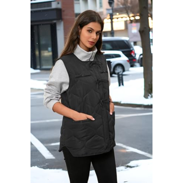 ECOWISH Women Puffer Vest Sleeveless Jacket Fall Button Zip Up Winter Coat Quilted Padded Warm Gilet Outerwear with Pockets Black M