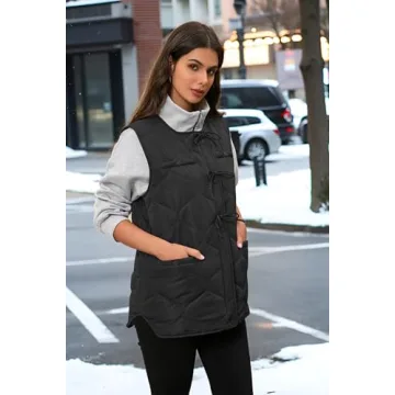 ECOWISH Women Puffer Vest Sleeveless Jacket Fall Button Zip Up Winter Coat Quilted Padded Warm Gilet Outerwear with Pockets Black M