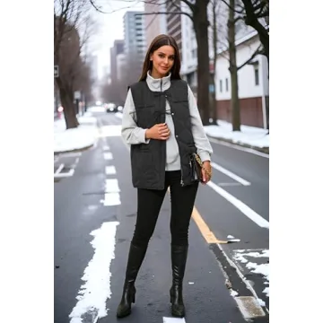 ECOWISH Women Puffer Vest Sleeveless Jacket Fall Button Zip Up Winter Coat Quilted Padded Warm Gilet Outerwear with Pockets Black M