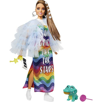 Barbie Extra Doll & Accessories with Long Brunette Hair and Bling Clips in Multi-Colored Dress with ...