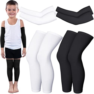 4 Pairs Kids Arm Sleeves and Long Compression Leg Sleeves for Sports, Medium