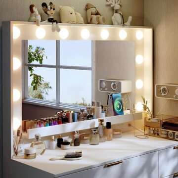 ALEXNUTRE Makeup Vanity Desk with Large Mirror and 13 LED Lights, 39.3in Vanity Table with Power Out...