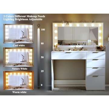 ALEXNUTRE Makeup Vanity Desk with Large Mirror and 13 LED Lights, 39.3in Vanity Table with Power Outlet & 5 Drawers, 3 Lighting Color Adjustable, Vanity Desk for Bedroom and Dressing Room, White