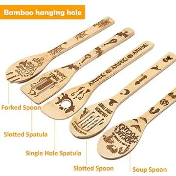 Eartim 5Pcs Hocus Pocus Wooden Spoons Slotted Spatula Set, Kitchen Burned Bamboo Cookware Gadget Kit Cooking Non-stick Utensils Fun Gift Idea for Family Friends Housewarming Present Party Return Gift