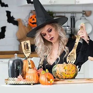 Eartim 5Pcs Hocus Pocus Wooden Spoons Slotted Spatula Set, Kitchen Burned Bamboo Cookware Gadget Kit Cooking Non-stick Utensils Fun Gift Idea for Family Friends Housewarming Present Party Return Gift