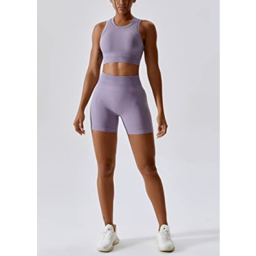 ABOCIW Workout Sets for Women Seamless Racerback Sport Bra Padded Yoga Tank Tops Tummy Control High Waist Biker Shorts Gym Yoga 2 Piece Outfits Lilac Small