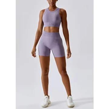 ABOCIW Workout Sets for Women Seamless Racerback Sport Bra Padded Yoga Tank Tops Tummy Control High Waist Biker Shorts Gym Yoga 2 Piece Outfits Lilac Small