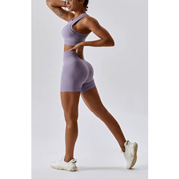 ABOCIW Workout Sets for Women Seamless Racerback Sport Bra Padded Yoga Tank Tops Tummy Control High Waist Biker Shorts Gym Yoga 2 Piece Outfits Lilac Small