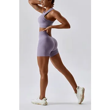 ABOCIW Workout Sets for Women Seamless Racerback Sport Bra Padded Yoga Tank Tops Tummy Control High Waist Biker Shorts Gym Yoga 2 Piece Outfits Lilac Small