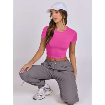 ANRABESS Women Short Sleeve Crop Top Crew Neck Basic Tee Shirts Slim Tight Y2K Sexy Going Out Tops Summer Outfits for Teens Hot Pink X-Large