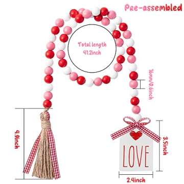 2ooya Valentine's Day Wood Beads Garland 41.2 Inch Rustic Red Pink Wood Bead with Jute Rope Plaid LO...