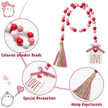 2ooya Valentine's Day Wood Beads Garland 41.2 Inch Rustic Red Pink Wood Bead with Jute Rope Plaid LOVE Tag Farmhouse Wood Beads Tiered Tray Décor for Proposal Wedding Party