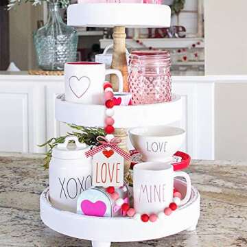 2ooya Valentine's Day Wood Beads Garland 41.2 Inch Rustic Red Pink Wood Bead with Jute Rope Plaid LOVE Tag Farmhouse Wood Beads Tiered Tray Décor for Proposal Wedding Party