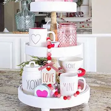 2ooya Valentine's Day Wood Beads Garland 41.2 Inch Rustic Red Pink Wood Bead with Jute Rope Plaid LOVE Tag Farmhouse Wood Beads Tiered Tray Décor for Proposal Wedding Party