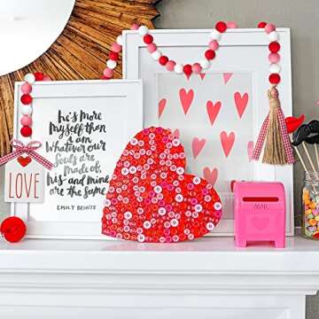 2ooya Valentine's Day Wood Beads Garland 41.2 Inch Rustic Red Pink Wood Bead with Jute Rope Plaid LOVE Tag Farmhouse Wood Beads Tiered Tray Décor for Proposal Wedding Party