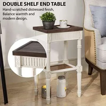 COZAYH Rustic Farmhouse Cottagecore Accent End Table Set of 2, Distressed Accent Side Table with Espresso Tray Top and Woven Wicker Shelf, Boho, French Country Decor, Square, Weathered Brown & White