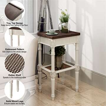 COZAYH Rustic Farmhouse Cottagecore Accent End Table Set of 2, Distressed Accent Side Table with Espresso Tray Top and Woven Wicker Shelf, Boho, French Country Decor, Square, Weathered Brown & White