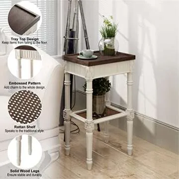 COZAYH Rustic Farmhouse Cottagecore Accent End Table Set of 2, Distressed Accent Side Table with Espresso Tray Top and Woven Wicker Shelf, Boho, French Country Decor, Square, Weathered Brown & White