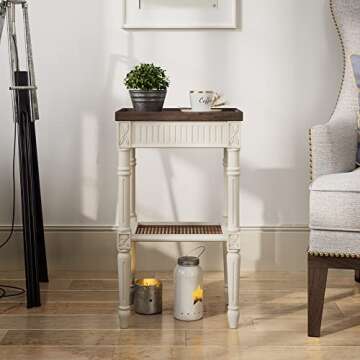 COZAYH Rustic Farmhouse Cottagecore Accent End Table Set of 2, Distressed Accent Side Table with Espresso Tray Top and Woven Wicker Shelf, Boho, French Country Decor, Square, Weathered Brown & White