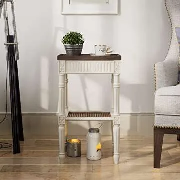 COZAYH Rustic Farmhouse Cottagecore Accent End Table Set of 2, Distressed Accent Side Table with Espresso Tray Top and Woven Wicker Shelf, Boho, French Country Decor, Square, Weathered Brown & White