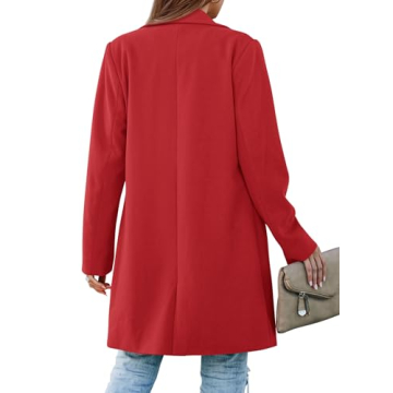 PRETTYGARDEN 2025 Fall Long Blazer Jackets for Women Long Sleeve Lapel Pockets Loose Fit Business Casual Blazers Outfits (Red,Small)