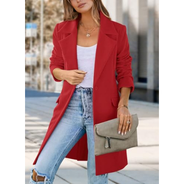 PRETTYGARDEN 2025 Fall Long Blazer Jackets for Women Long Sleeve Lapel Pockets Loose Fit Business Casual Blazers Outfits (Red,Small)