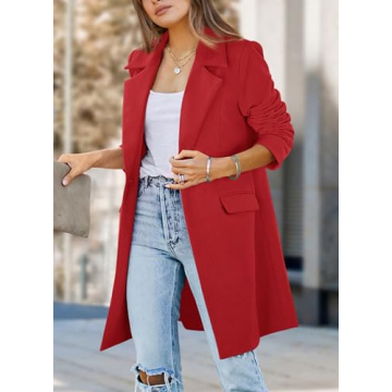 PRETTYGARDEN 2025 Fall Long Blazer Jackets for Women Long Sleeve Lapel Pockets Loose Fit Business Casual Blazers Outfits (Red,Small)