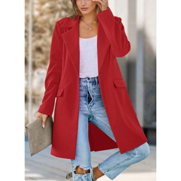 PRETTYGARDEN 2025 Fall Long Blazer Jackets for Women Long Sleeve Lapel Pockets Loose Fit Business Casual Blazers Outfits (Red,Small)