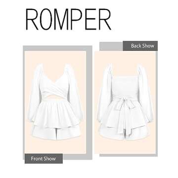 AGERWAY Rompers for Women Sexy V Neck Twist Long Sleeve Fall Spring Summer Dressy Tie Double Ruffle Hem Mini Short White Romper Dress XL