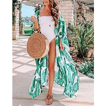 Bsubseach Women Casual Chiffon Beachwear Kimono Cardigan Green Leaf Print Bikini Cover Up Half Sleeve Swimwear Cover Ups