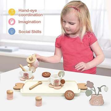 Wooden Tea Party Set for Little Girls, Toddler Tea Set Toy Pretend Play Kitchen Accessories, Wooden Play Food Set for 3 4 5 6 Years Old Boys Girls