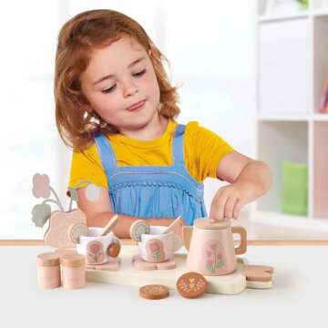 Wooden Tea Party Set for Little Girls, Toddler Tea Set Toy Pretend Play Kitchen Accessories, Wooden Play Food Set for 3 4 5 6 Years Old Boys Girls
