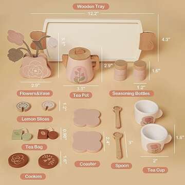 Wooden Tea Party Set for Little Girls, Toddler Tea Set Toy Pretend Play Kitchen Accessories, Wooden Play Food Set for 3 4 5 6 Years Old Boys Girls