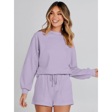 MEROKEETY Women's 2024 Fall Oversized Batwing Sleeve Lounge Sets Casual Top and Shorts 2 Piece Outfits Sweatsuit Lavender