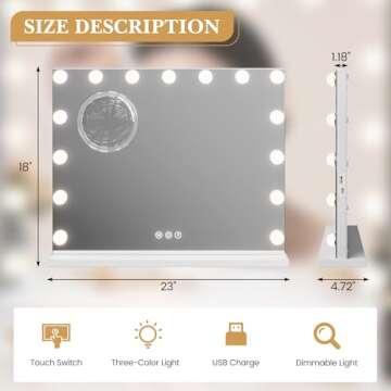 Vanity Mirror with Lights, Hollywood Lighted Vanity Mirror with 15 Dimmable LED Bulbs, 3 Color Modes, USB Charging Port, Light up Mirror with Touch Control for Bedroom, Tabletop, 23" x 18"
