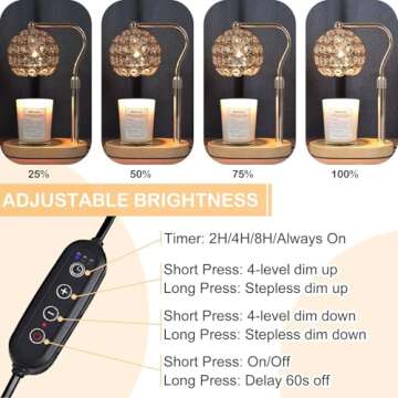 Candle Wax Warmer, Gold Electric Dimmable Candle Warmer Lamp with Timer, Height Adjustable, Imitation Crystal, Cozy Home Decor Gifts for Mom Women Birthday, Goodbye Gifts for Coworkers