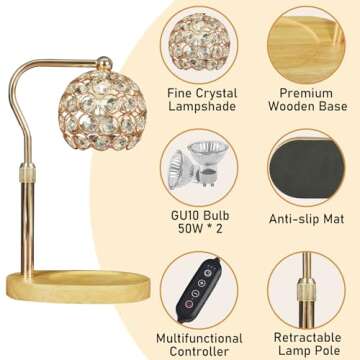 Candle Wax Warmer, Gold Electric Dimmable Candle Warmer Lamp with Timer, Height Adjustable, Imitation Crystal, Cozy Home Decor Gifts for Mom Women Birthday, Goodbye Gifts for Coworkers