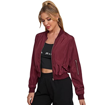 OYOANGLE Women's Lightweight Bomber Biker Jacket Zip up Windbreaker Crop Bomber Jacket Coat Maroon S