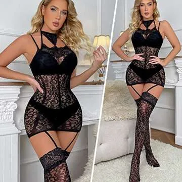 Stunning Fishnet Babydoll Lingerie with Lace Choker