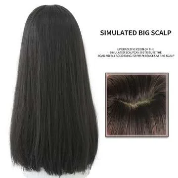 URCGTSA 22 Inches long Hair Wig for Women Black Synthetic Hair Natural Long Straight Wig With Bangs Party Cosplay Wig for Girl (Black brown)