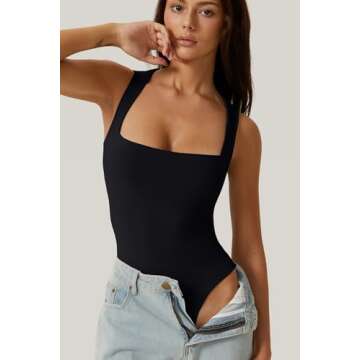 QINSEN Women's Black Bodysuit Tops Sexy Square Neck Sleeveless Slimming T Shirt Top S